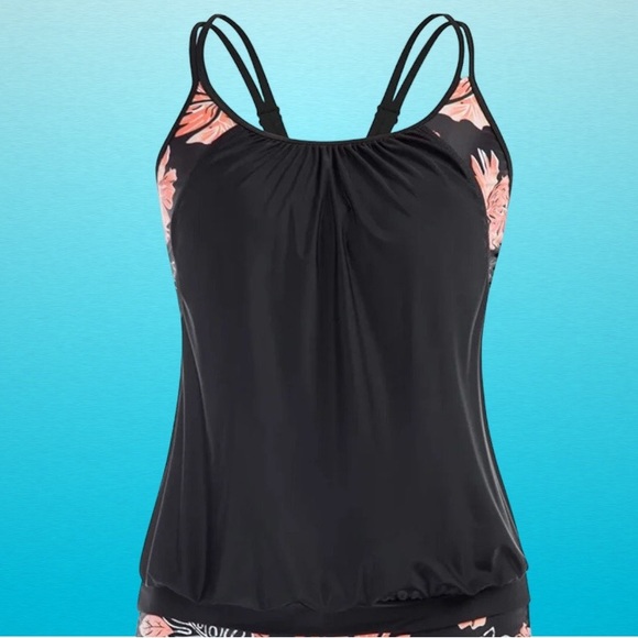 Black & Pink Floral Banded Tankini Two Piece  (Top Only) PLUS SIZE 20W - Picture 2 of 7